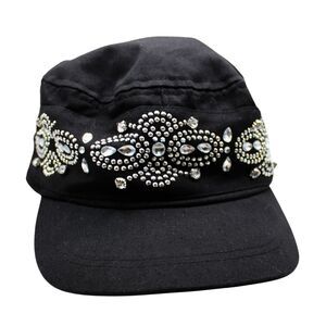 Y2K Style Scala Pronto Rhinestone Military Hat Black Studded Cap